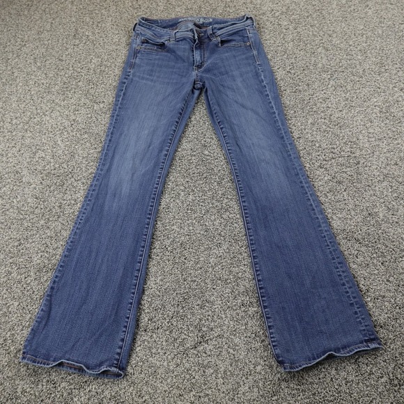 American Eagle Jeans Womens 8 Dark Blue Denim Pants Kick Boot Low Rise Stretch - Picture 1 of 15